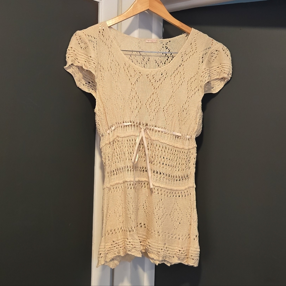 Vintage cream knit geometric coquette boho babydoll tie waist lined blouse top